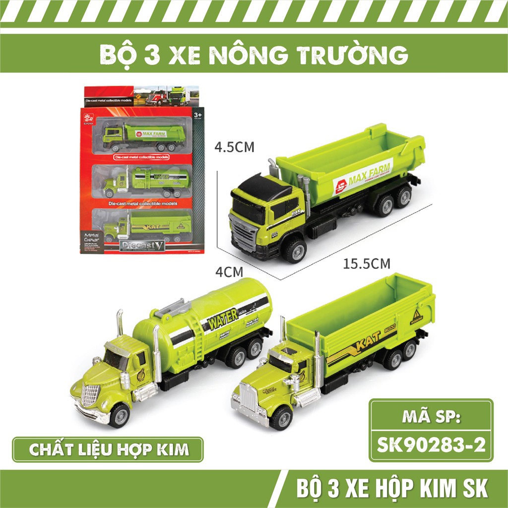 Mô hình xe tải bộ 3 xe chủ đề cứu hỏa, cảnh sát, xây dựng, nông trường
