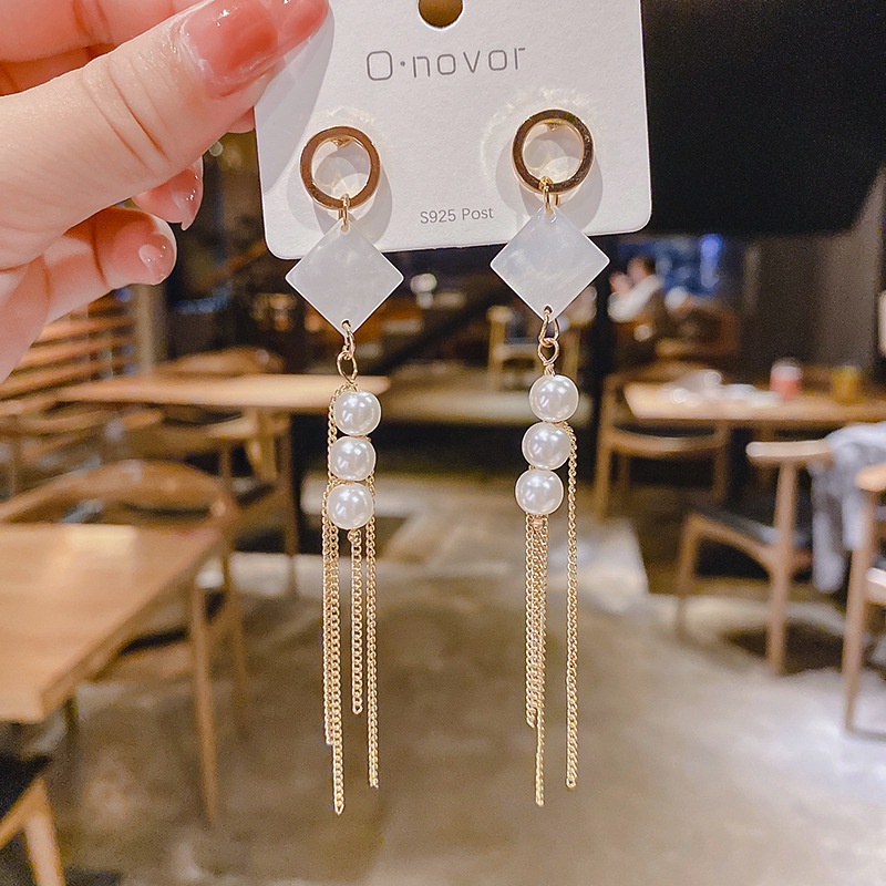 Bông Tai Mạ Bạc 925 Đính Ngọc Trai Tua Rua Dài 2022 Kiểu Mới Phong Cách Hàn Quốc