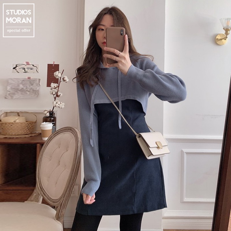 Set áo len có mũ dáng Croptop + Váy xòe dáng A-line style MORAN độc lạ Hàn Quốc