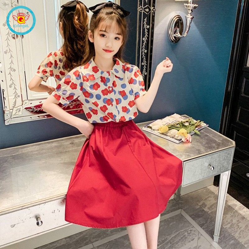 Set trang phục IQ ANGEL áo sơ mi tay ngắn và chân váy thời trang mùa hè mới dành cho bé gái