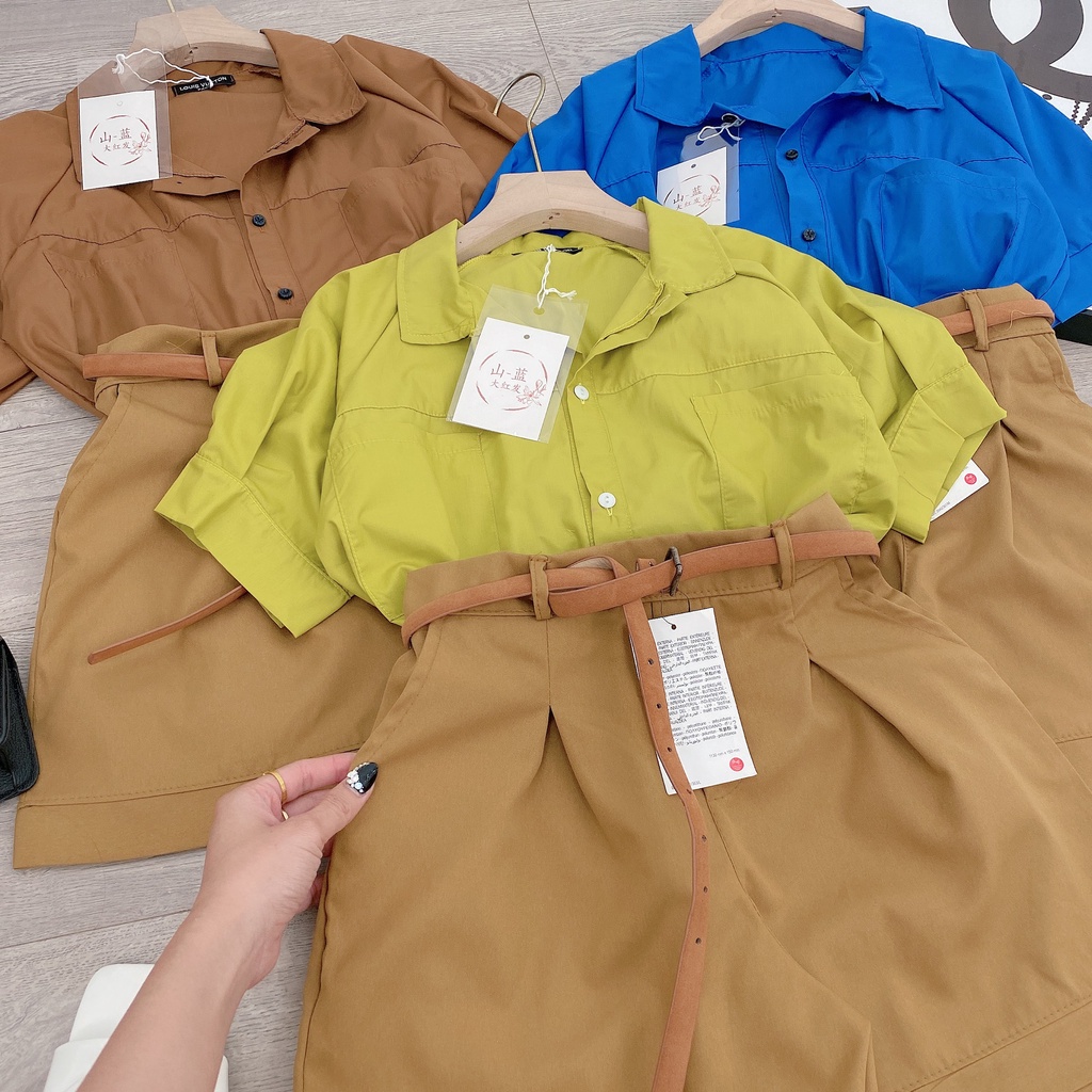 Set sơ mi xanh quần short nâu kèm đai thắt eo BN167