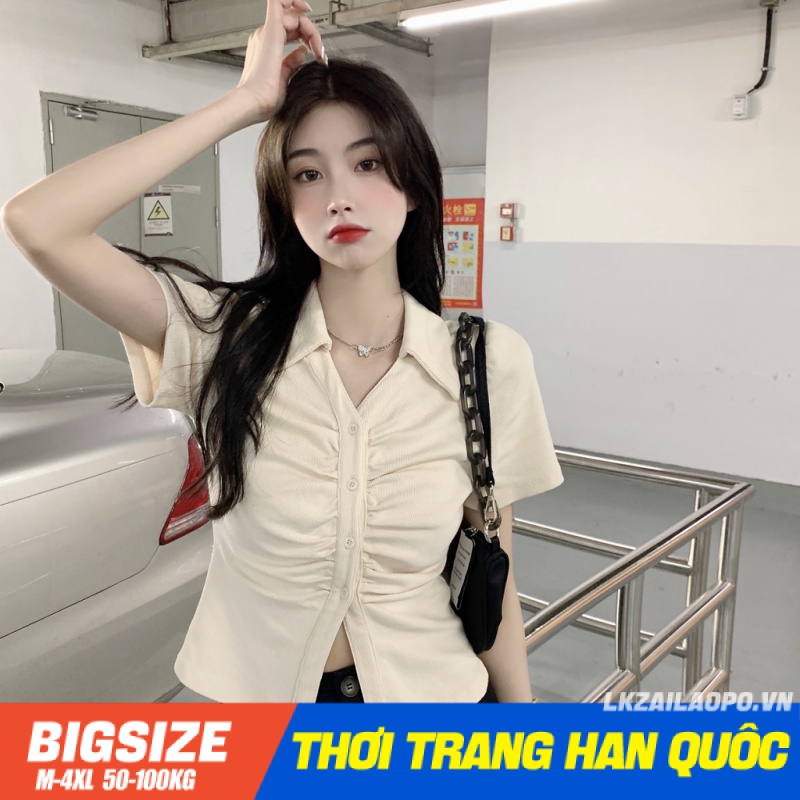 Áo thun Bigsize Áo kiểu nữ croptop tay ngắn cổ bẻ xếp ly thiết kế khoá kéo mùa hè Phong cách Hàn Quốc Thời Trang tiểu thư cá tính xinh đẹp bigsizegiaree