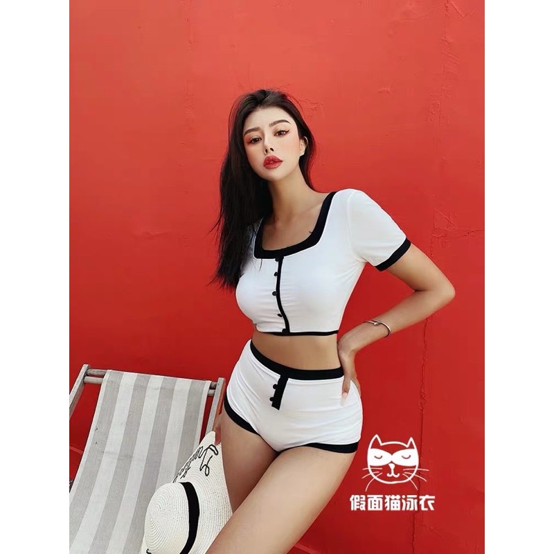 Bikini 2 mảnh uzzlang hàn quốc 2021 trắng viền đen cộc tay | BigBuy360 - bigbuy360.vn