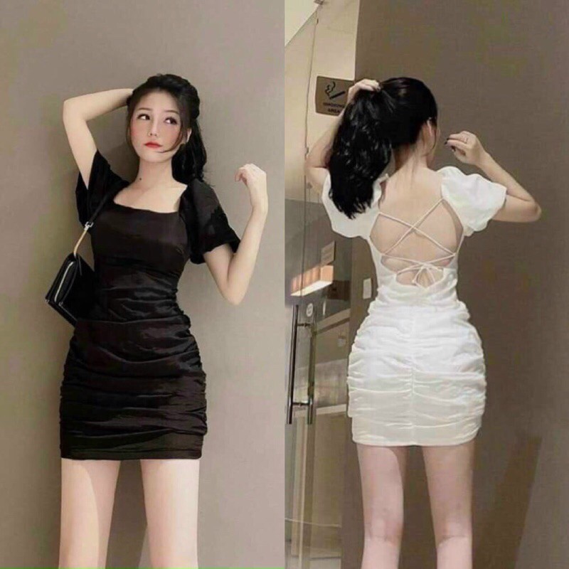 Đầm tay bồng nhún hông đan dây lưng sexy