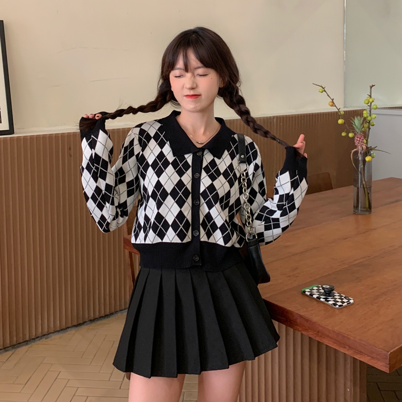 Áo Cardigan Dệt Kim Tay Dài Cổ Chữ V Họa Tiết Hình Thoi Phong Cách Hàn Quốc