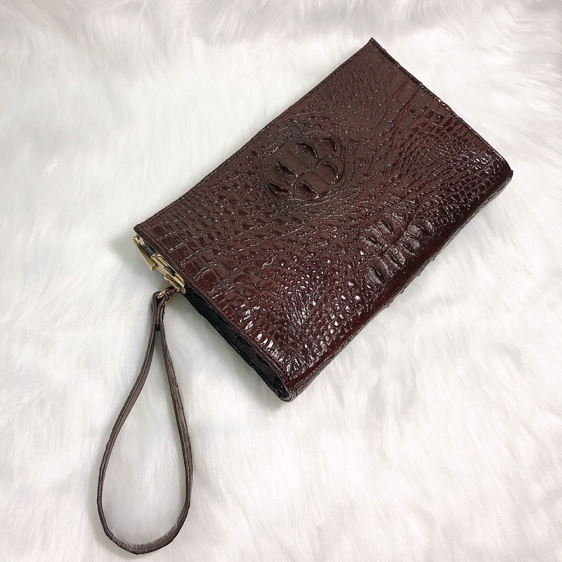 Ví nam cầm tay, da cá sấu thật, có khoá số, kích thước 25cm- 15cm, màu nâu socola