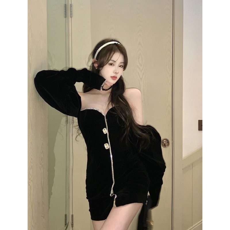 Đầm nhung dài tay hàng Quảng Châu cao cấp phong cách sang trọng tiểu thư khí chất đầu mùa thu ngọt ngào