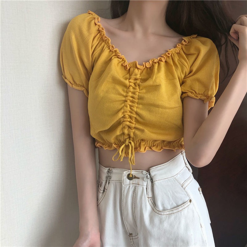 Drawstring design T-shirt women's summer 2021 new style puff sleeve white short cropped knitted short-sleeved top