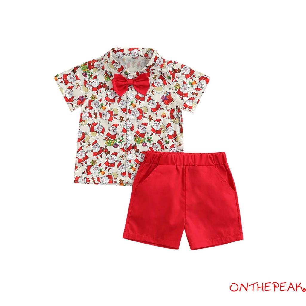 Set áo sơ mi cổ bẻ + quần short màu sắc trơn phong cách Giáng sinh cho bé trai