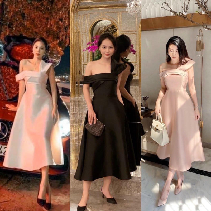Đầm dự tiệc trắng lệch vai nơ audikt