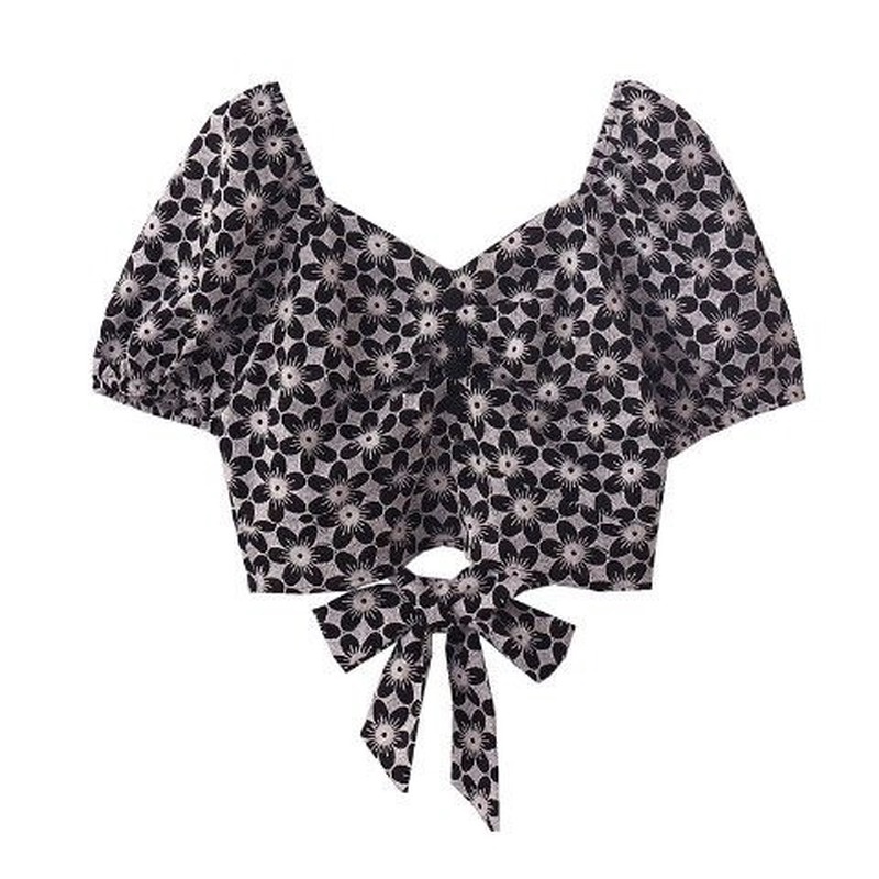 Áo Kiểu Tay Phồng Ngắn Phối Nơ In Họa Tiết Hoa Phong Cách Pháp Cổ Điển Thời Trang Mùa Hè Cho Nữ