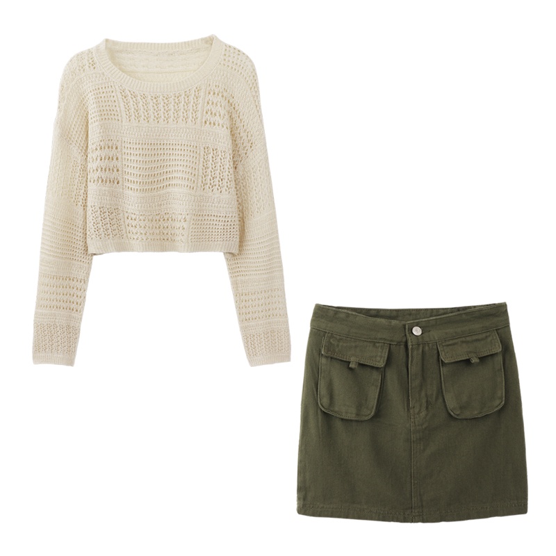 Porozi  Áo sweater  len tay dài/ Chân váy jean lưng cao thời trang nữ tính