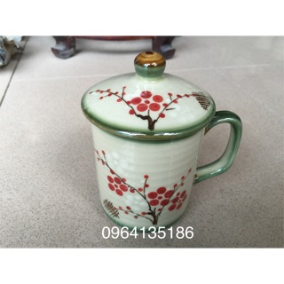 Cốc có nắp vẽ đào gốm sứ Bát Tràng