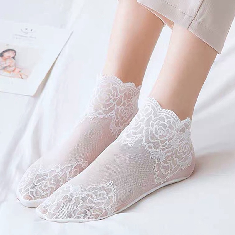 Vớ Ren Ngắn Tới Mắt Cá Chân Phối Ren Hoa Hồng Thời Trang Quyến Rũ Cho Nữ