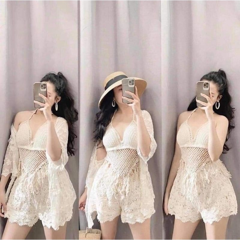 Bikini Len Đi Biển, Set Ren 3 Món Quảng Châu Tua Rua Tam Giác Vivi Shop