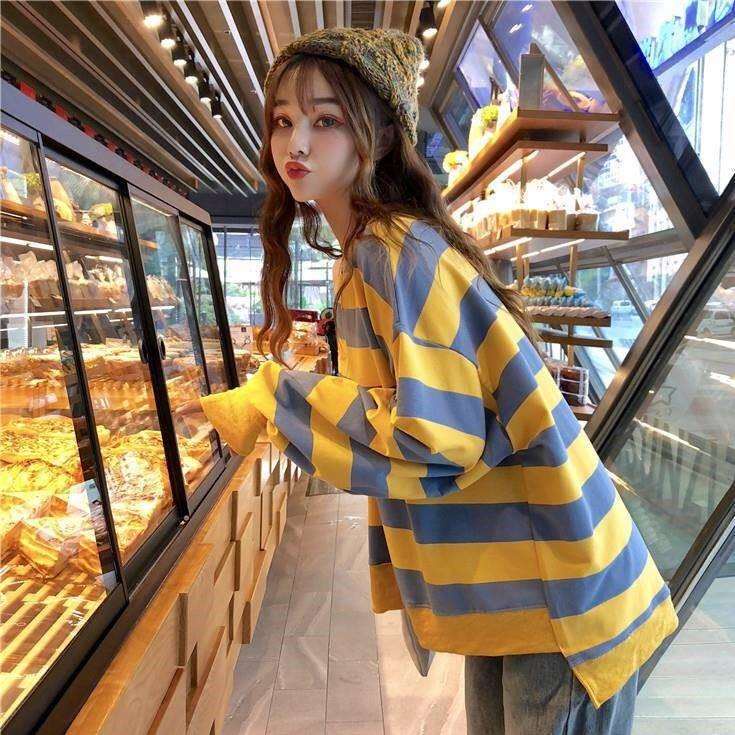 Áo Sweater Mỏng Dáng Rộng Tay Dài Kẻ Sọc Kiểu Harajuku Hàn Quốc Thời Trang Cho Nữ 200