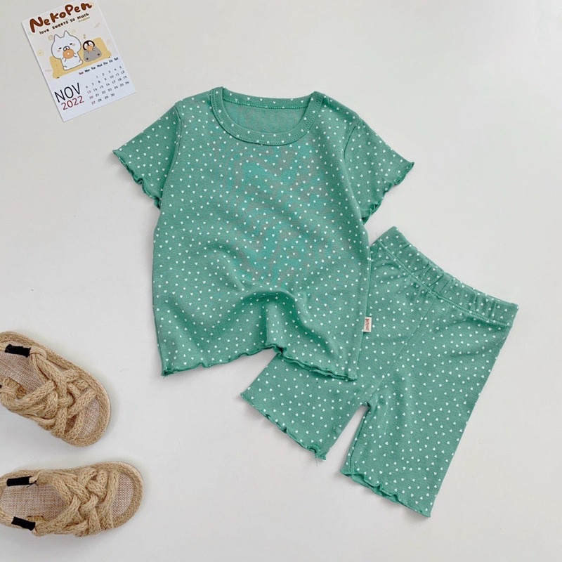 Bộ thun cotton cộc mùa hè cho bé gái, bộ phông mặc nhà trẻ em họa tiết chấm bi vàng, xanh, ghi, trắng mềm mịn, mát mẻ