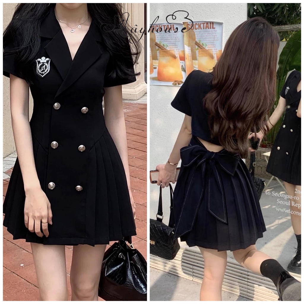 {Sẵn+Ảnh video Thật} Váy cổ vest 2 hàng cúc xếp ly thắt nơ lưng phong cách ulzzang hàng QC