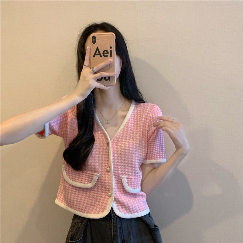 Áo Dệt Kim Ngắn Tay Cổ Chữ v Thời Trang Mùa Hè Cho Nữ