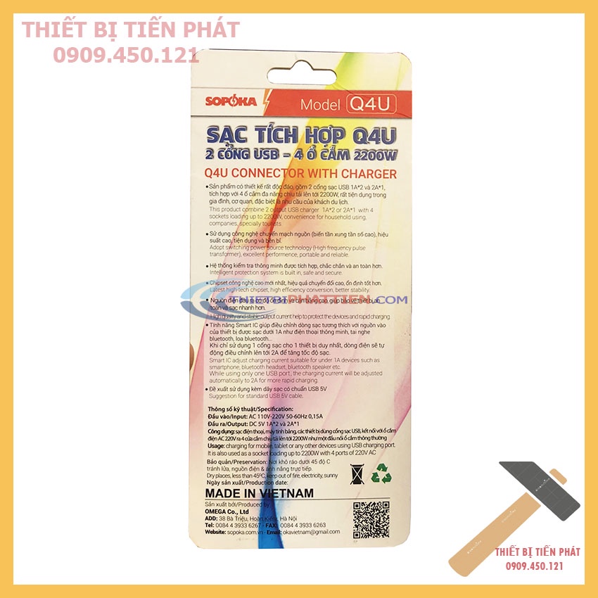 Sạc Tích Hợp Q4U SOPOKA 2 Cổng Usb,4 Ổ Cắm Điện 2200w Cao Cấp