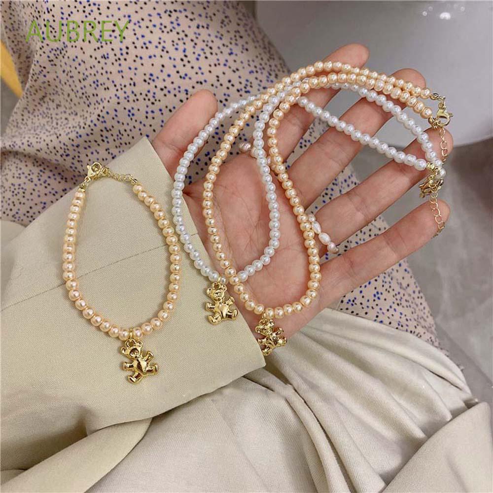 Aubrey Vòng cổ / Vòng Tay / Vòng cổ Mặt Hình Gấu Đính Ngọc Trai Nhiều Màu Bằng Thép Titan Phong Cách Hàn Quốc Đáng Yêu Thời Trang Cho Nữ