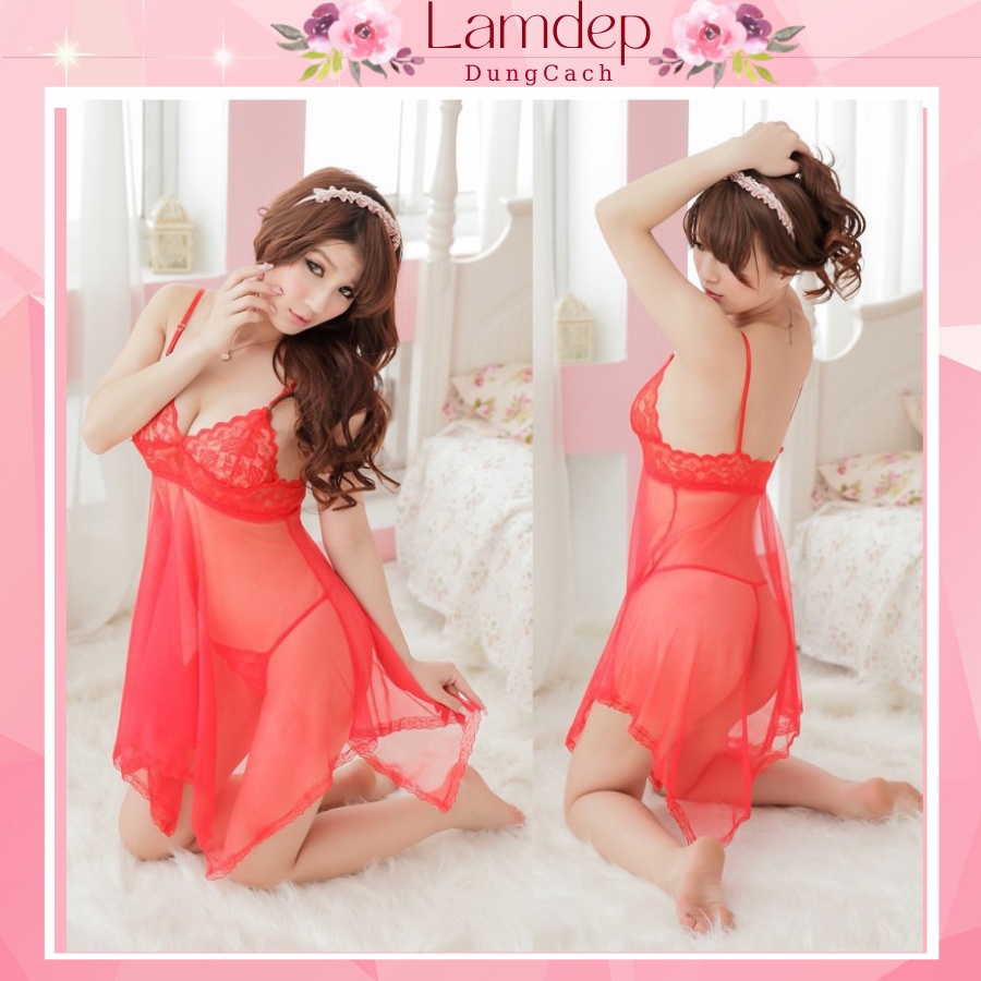Váy ngủ sexy gợi cảm - Đầm ngủ xuyên thấu 2 dây kèm quần chip SX Mỏng