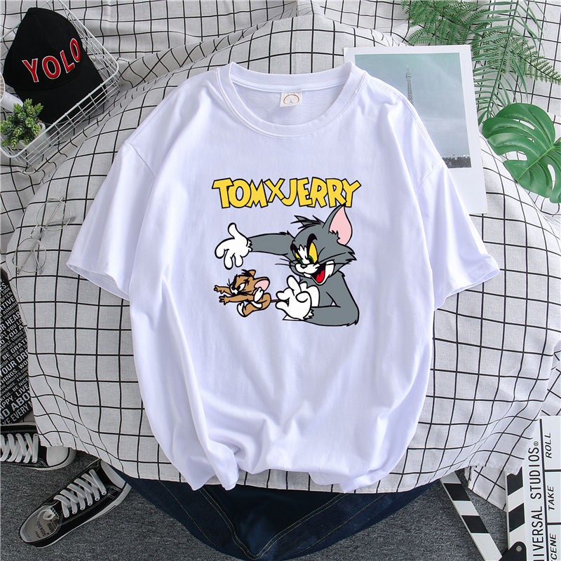 Áo Thun 100% Cotton Tay Ngắn Cổ Tròn Dáng Rộng In Họa Tiết Hoạt Hình Mèo Chuột Phong Cách Hàn Quốc Thời Trang Công Sở Cho Nam Và Nữ 4xl