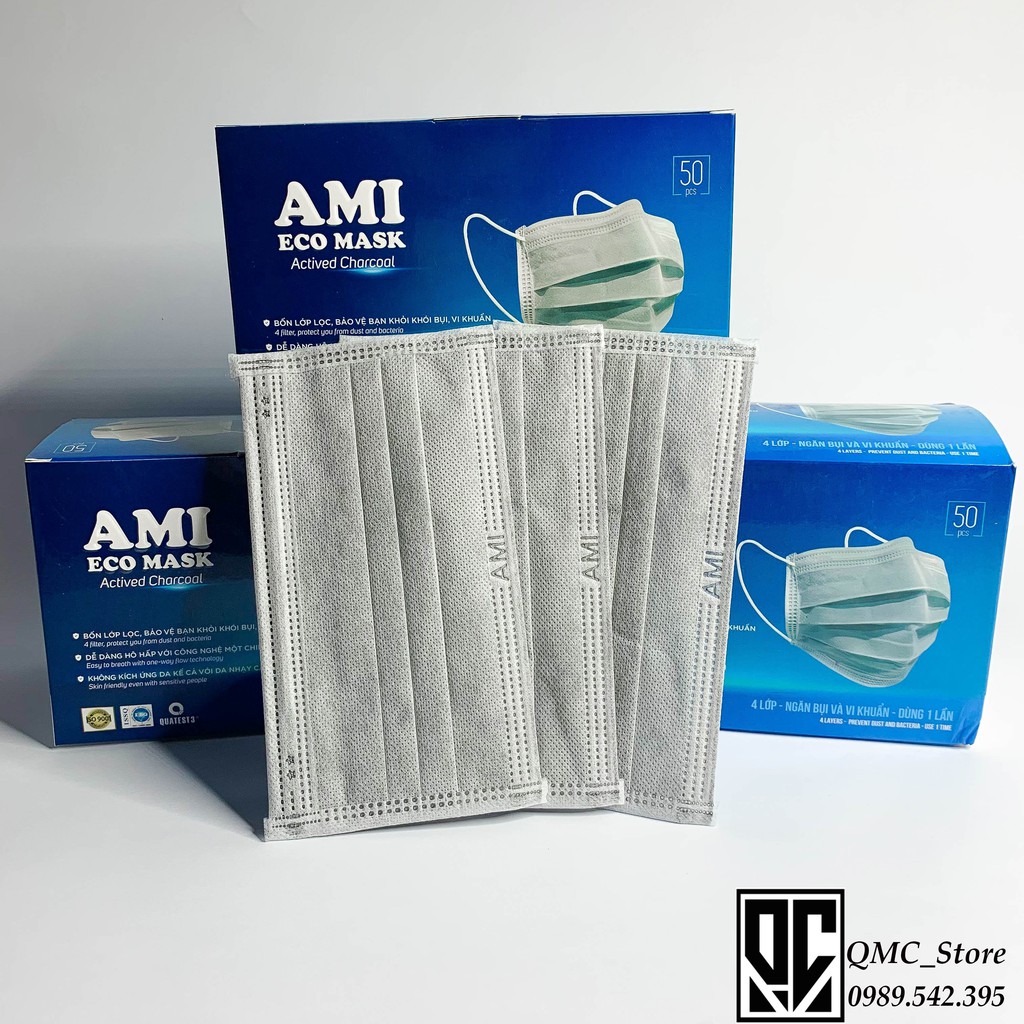 Khẩu trang y tế, Khẩu trang  Ami 4 lớp màu Xám chính hãng &lt; Giảm Giá Sốc&gt;- Hộp 50 cái #QMC