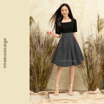 Váy ôm đen COSMO DESIGN pha tweet tím than tạo hình nơ eo