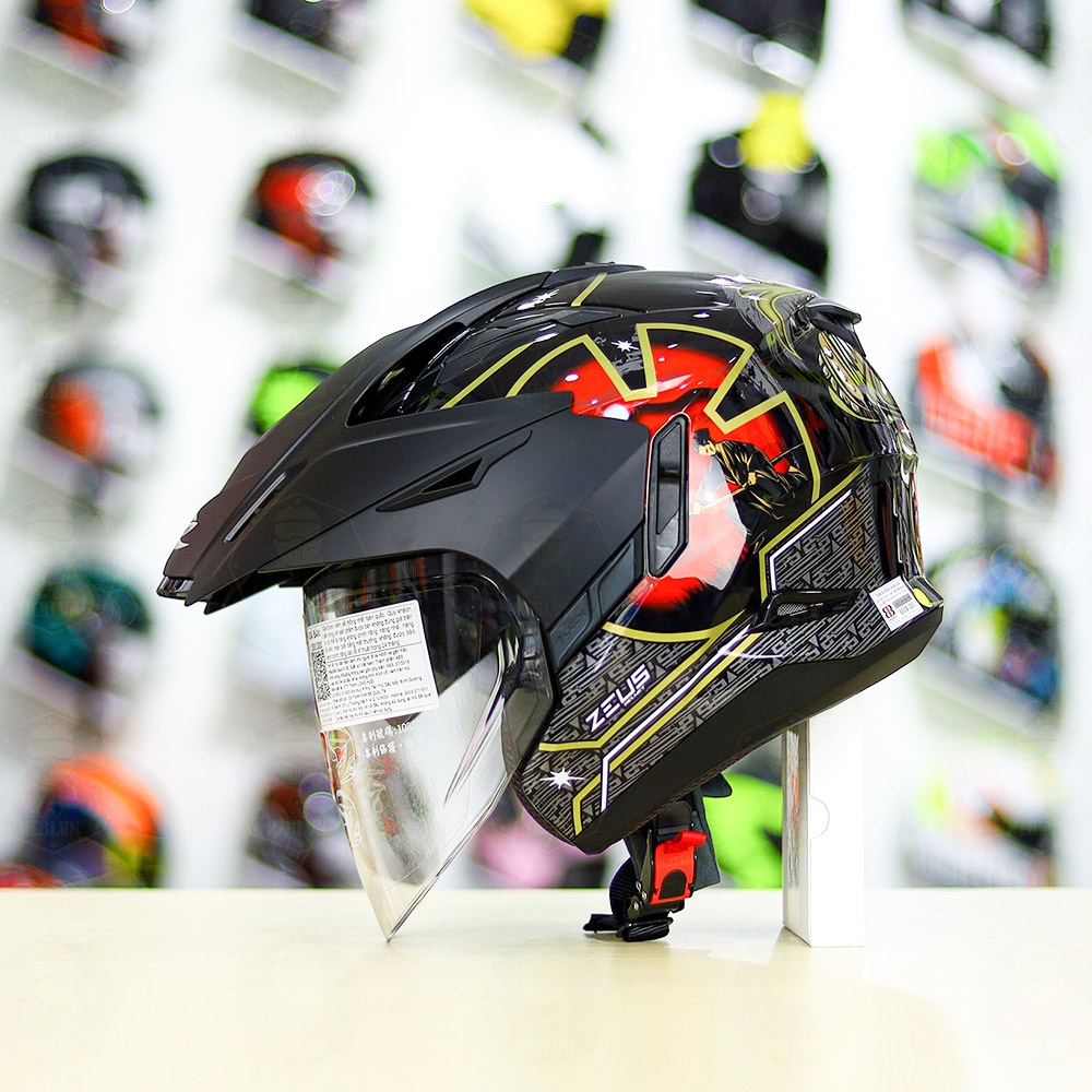 Mũ 3/4 2 Kính Zeus 613B Samurai Đen Đỏ Tặng Kèm Mái Che Có Thể Tháo Rời