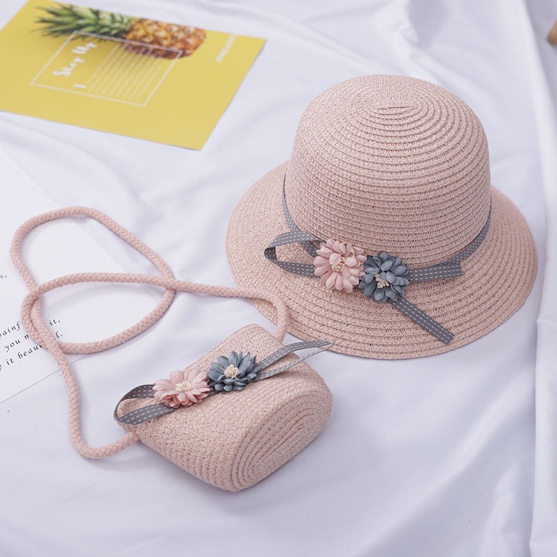 Set mũ cói và túi dành cho bé gái đi biển mùa hè, mũ vành tròn đính 2 bông hoa dễ thương mã D37