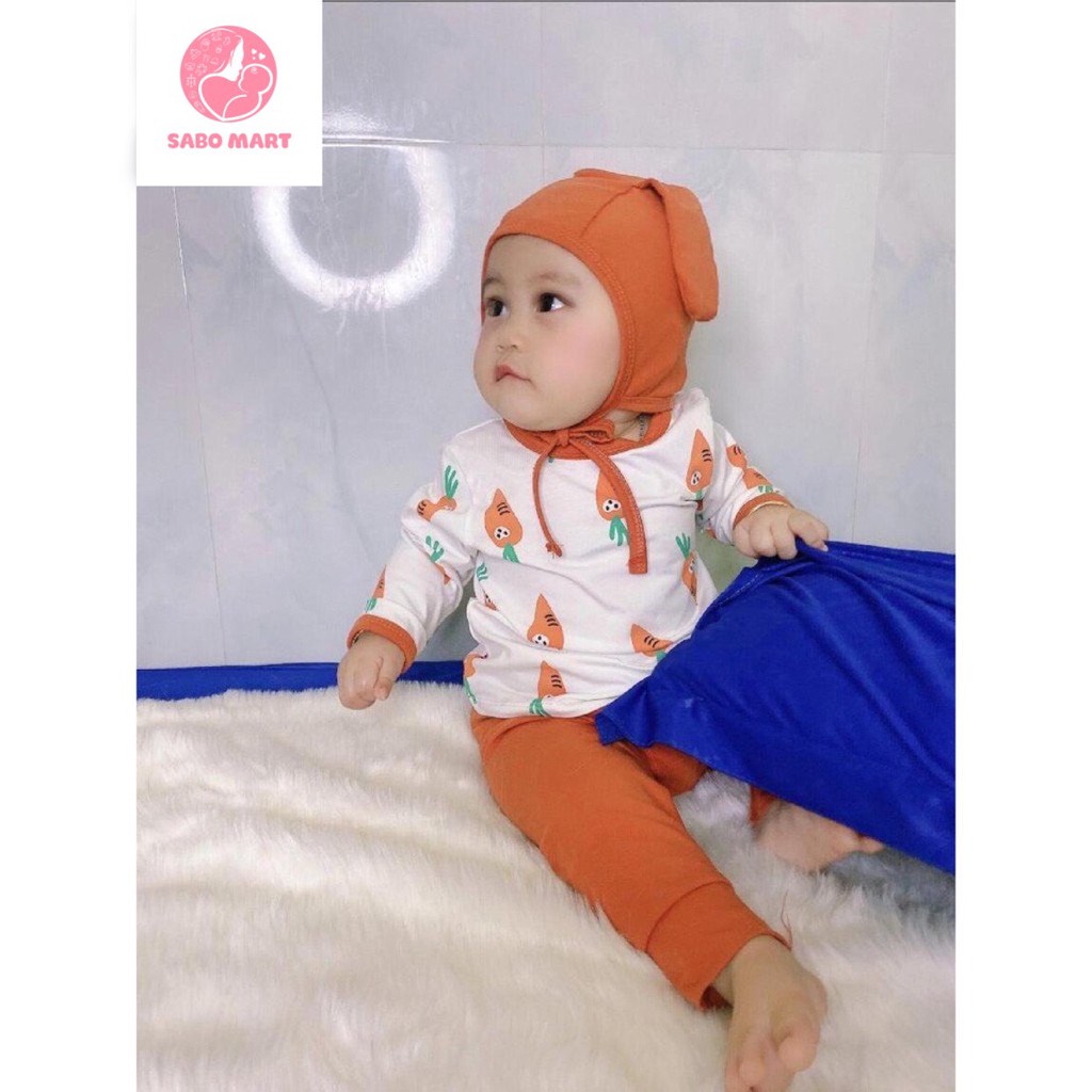 Bộ Thun Lạnh Dài Tay Trái Cây Hoa Quả Kèm Mũ Tai Thỏ Cute Cho Bé Mặc Hè Thu