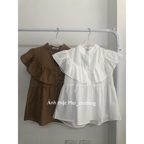 [Ảnh thật/sẵn] Áo sơmi cánh tiên TAY SÁT NÁCH tiểu thư trắng/nâu A20