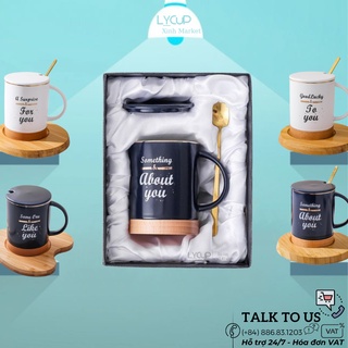 Cốc sứ BẮC ÂU ĐẾ GỖ - KHẮC TÊN THEO YÊU CẦU ý nghĩa, ly sứ CÓ NẮP & THÌA, dung tích 350ml, HÔP QUÀ TẶNG in logo, in hình