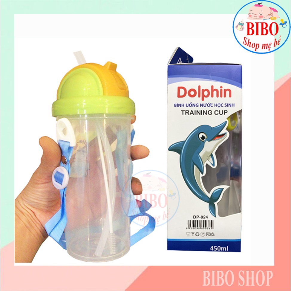 Bình Ống Hút Mềm Cho Bé Đi Học Dolphin, Bình Uống Nước Học Sinh 450ml