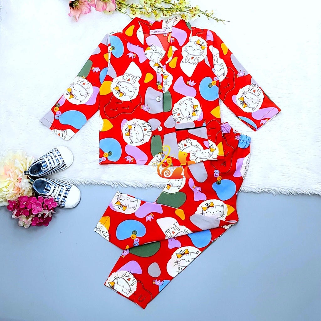 Đồ Bộ Pijama Satin Lụa Hàn "Mèo Nơ" Tay Dài Quần Dài Cho Bé - Từ 12kg - 42kg.