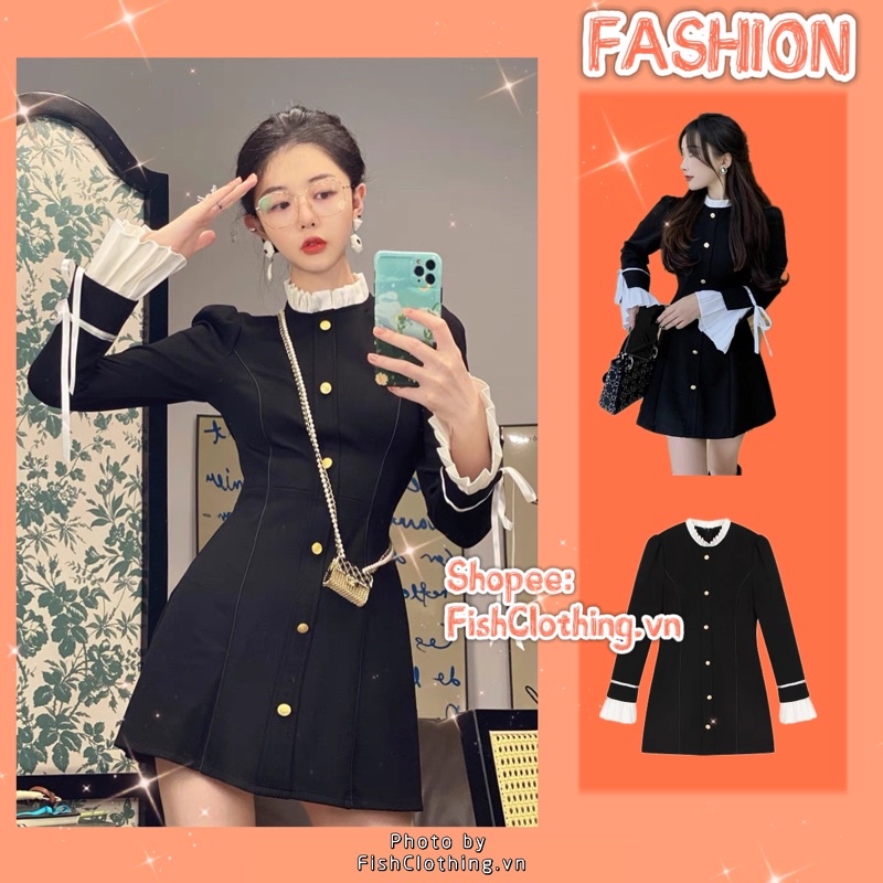 SẴN🖤Đầm suông thiết kế cúc ngọc cổ tàu xếp ly tay loe thắt nơ xinh xắn/ Váy suông tiểu thư Hàn Quốc đi tiệc
