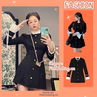 SẴN🖤Đầm suông thiết kế cúc ngọc cổ tàu xếp ly tay loe thắt nơ xinh xắn/ Váy suông tiểu thư Hàn Quốc đi tiệc