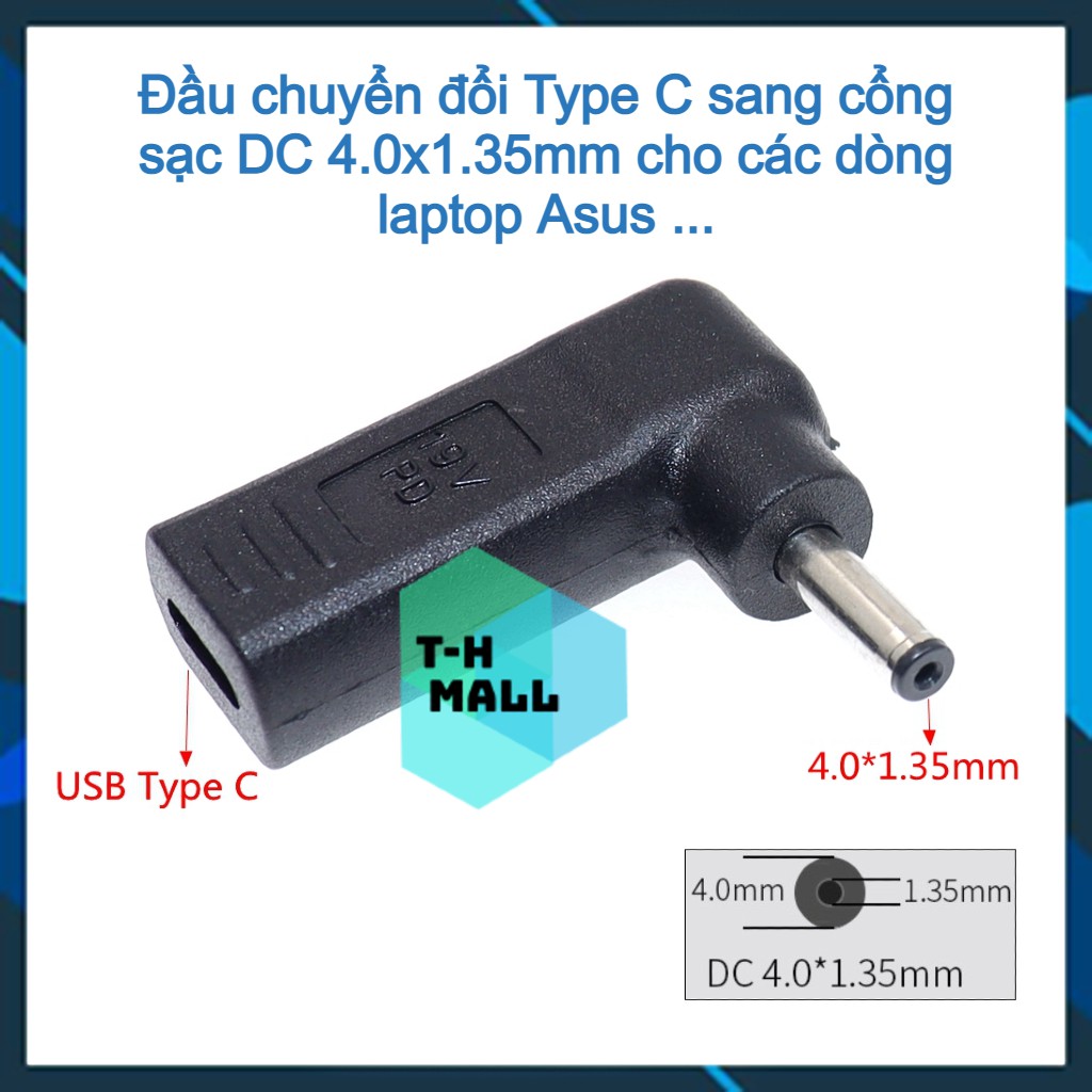 Đầu sạc chuyển đổi cổng USB Type C sang nguồn điện DC 4.0x1.35mm / 4.0*1.35mm chuyên dụng cho laptop Asus