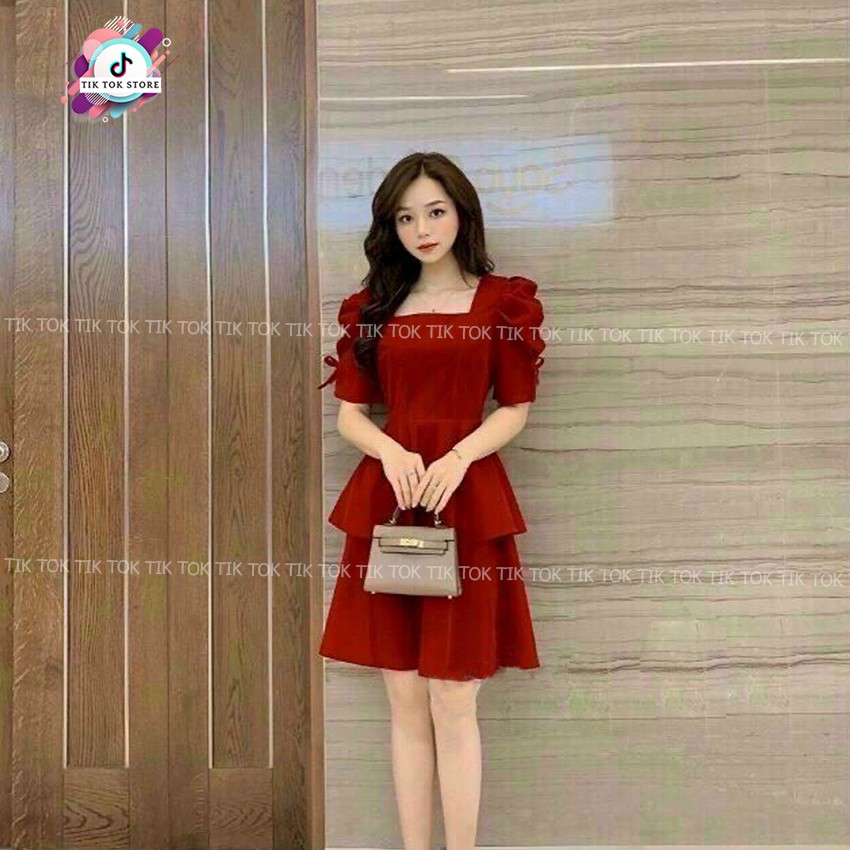 Đầm cổ vuông tay phồng, váy tay bồng kết nơ tay TIK TOK STORE | BigBuy360 - bigbuy360.vn