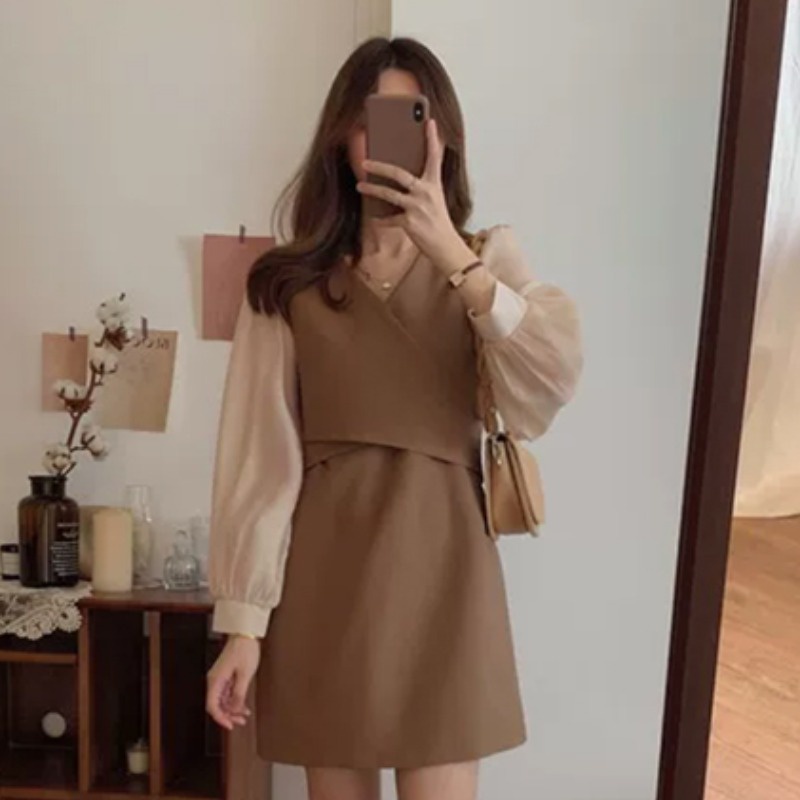 Đầm tiểu thư tay voan vạt nâu đắp chéo Vintage style Hàn quốc