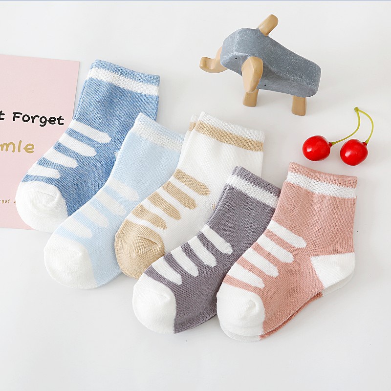 Set 5 Đôi Vớ Cotton Mềm Mại Họa Tiết Sọc / Chấm Bi Thoáng Khí Thời Trang Xuân Thu Cho Bé 0-6 Tuổi