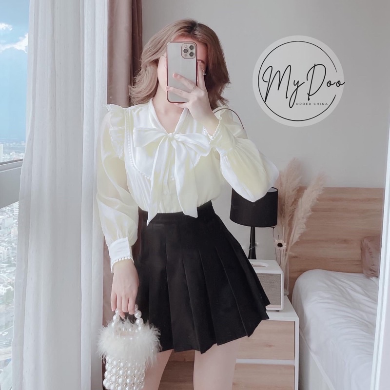 Áo sơ mi nữ phối bèo nơ cổ, sơ mi công sở dài tay thắt nơ năng động