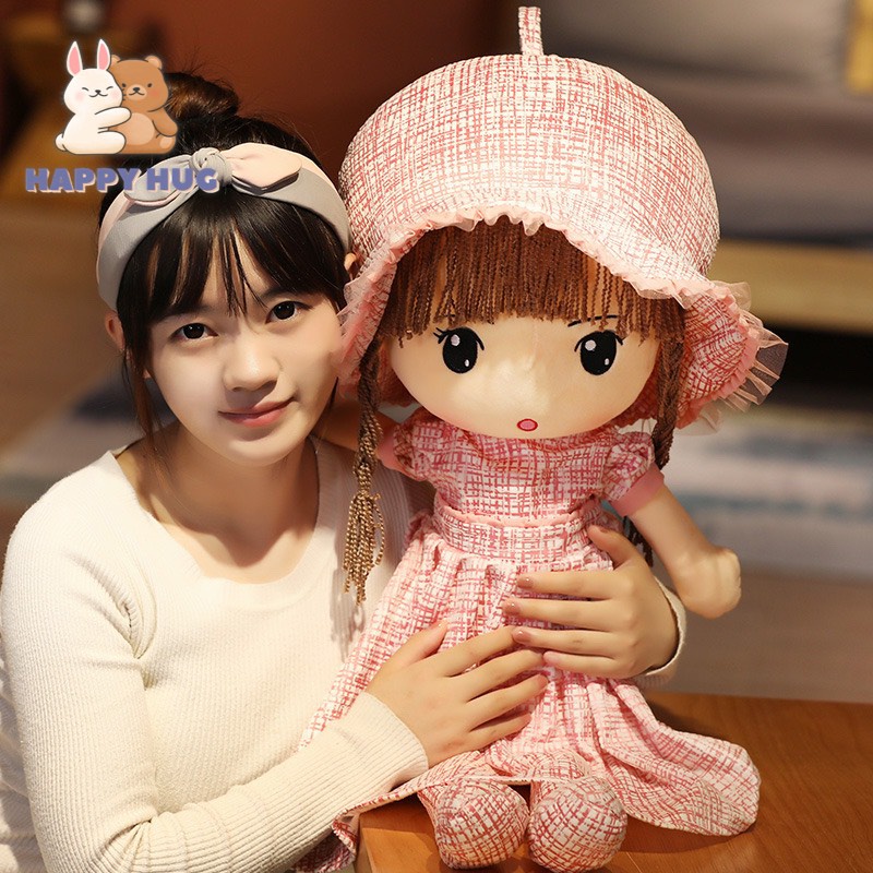 Búp bê em bé Size 70cm nhồi bông, váy nhung hồng hàng cao cấp siêu dễ thương - Happy Hug