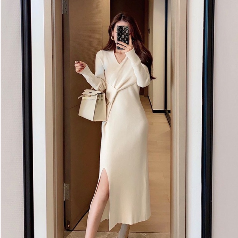 Đầm dệt kim ôm dáng dài qua gối thiết kế mới đơn giản thời trang