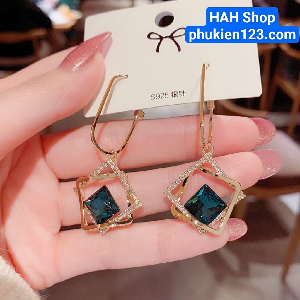 BÔNG TAI HÌNH KHỐI VUÔNG ĐÍNH ĐÁ XANH SANG TRỌNG PHONG CÁCH HÀN QUỐC