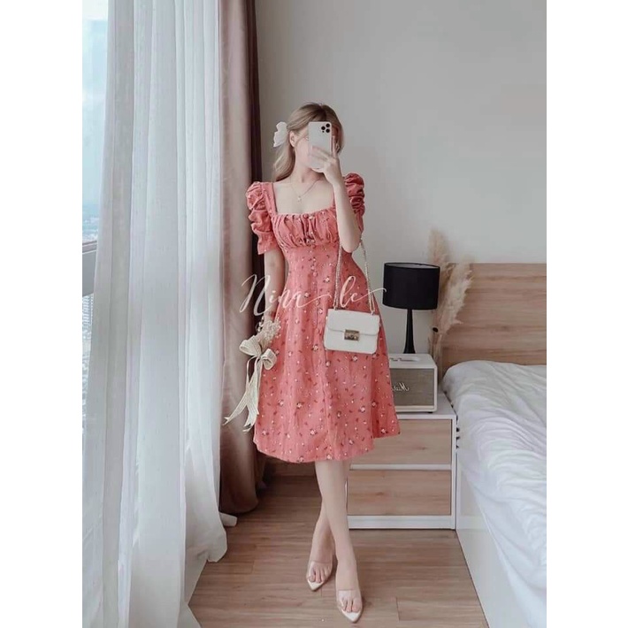 [9.9 Sales Freeship] Đầm hoa cổ vuông nhún ngực tay phồng, đầm maxi hoa đính nút ôm eo dáng xòe đi biển xinh xắn