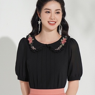 Áo nữ thiết kế hong vic đen cổ sen bèo sm375