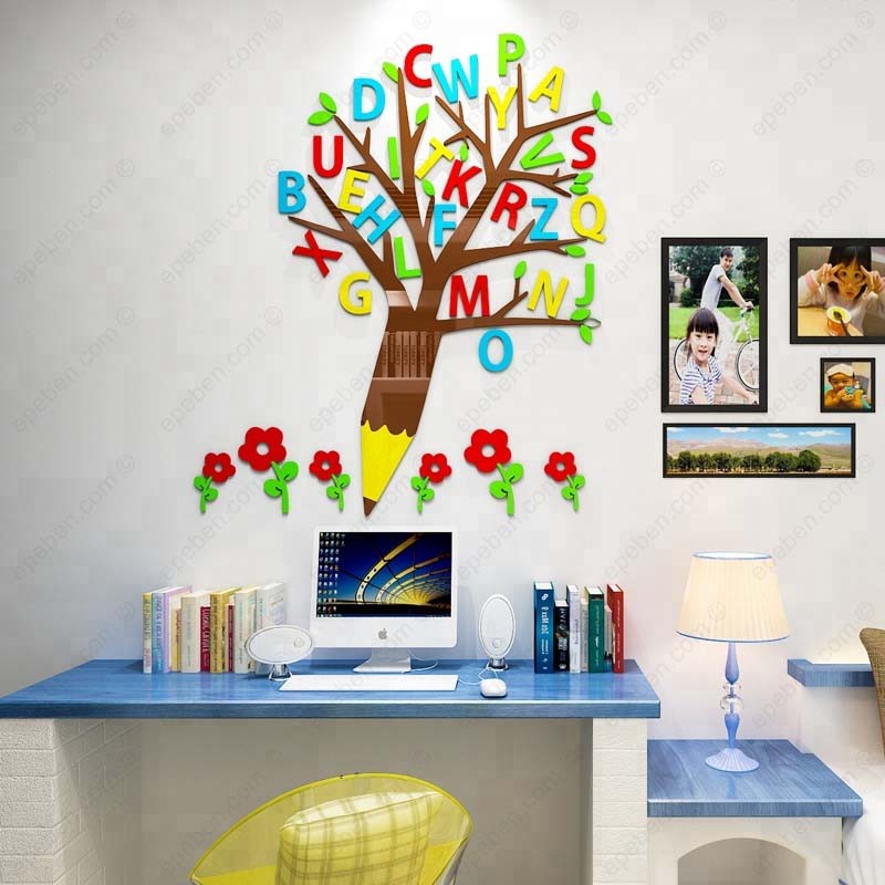 Tranh dán tường mica 3d decor khổ lớn cây chữ cái tiếng anh trang trí mầm non, phòng cho bé Nhiều Size - EPeBen