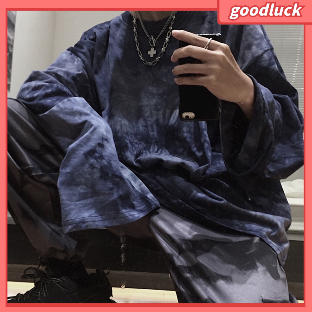 Áo thun thiết kế rộng cổ tròn tay dài kiểu màu nhuộm thời trang